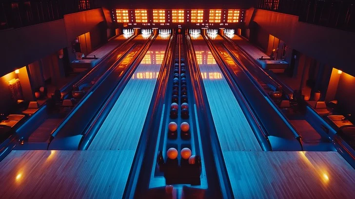 Modern bowling center interior with glowing lanes